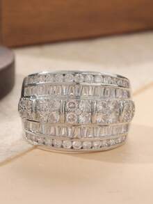 1 Stück eleganter Ewigkeitsring für Frauen, besetzt mit funkelnden kubischen Zirkoniasteinen - königliches Design mit breitem Band, geeignet für Hochzeiten, Alltagstragen, Partys, alle Jahreszeiten, unverzichtbares elegantes Accessoire für den Alltag | glänzender Ring | beständiges Metall - Silber - Übersicht 4