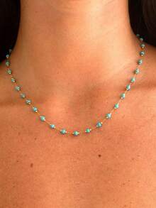 1pc Bohemian Style Necklace Stainless Steel Waterproof Chain 18k Gold Plating Versatile Turquoise Necklace Natural Stone Collarbone Necklace For Women Beach Vacation - Gold - View 2