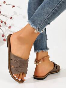 Ximi Ruo Korean Style Casual Flat Slide Sandals, Open Toe, Woven Roman Style, Suitable For Spring, Summer, Beach, Vacation, Dress Matching, Brown Color - Coffee Brown - View 3
