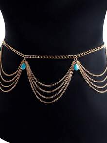 1pc Bohemian Style Turquoise & Gold Multi-Strand Waist Chain, Sexy Body Jewelry For Beach, Festival & Boho Outfits - Bohemian Pants Chain - View 3