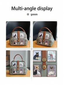 2026 New Arrival Niche Design Large Capacity Luxury Cute Cat Clip Bag, Exquisite Hardware & Embroidered Women Handbag, Retro Color Block Unique Shoulder Crossbody Bag - Multicolor - View 9