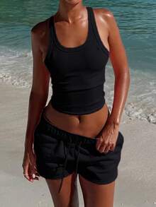 Vaiaye Women's 2-Piece Black Fitness Set, Sleeveless Tank Top And Drawstring Shorts, Sports Casual Beach Vacation Outfit Elegant Summer - Black - View 5