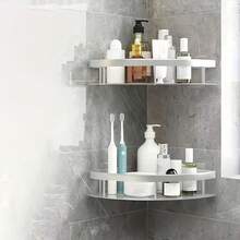 1 pieza/2 piezas Estantería de baño de metal triangular, cesta de ducha montada en la pared sin taladrar, estante de almacenamiento para baño/cocina, apto para champú, acondicionador, especias, artículos de tocador y cosméticos, diseño de drenaje perforado - Plateado - Ver 13