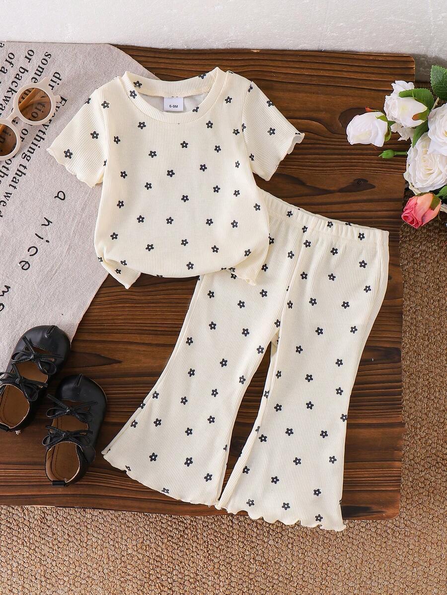 2pcs Baby Girls' Sweet Cute Small Pattern Round Neck Top And Flared Pants Set, Summer - Black - View 1