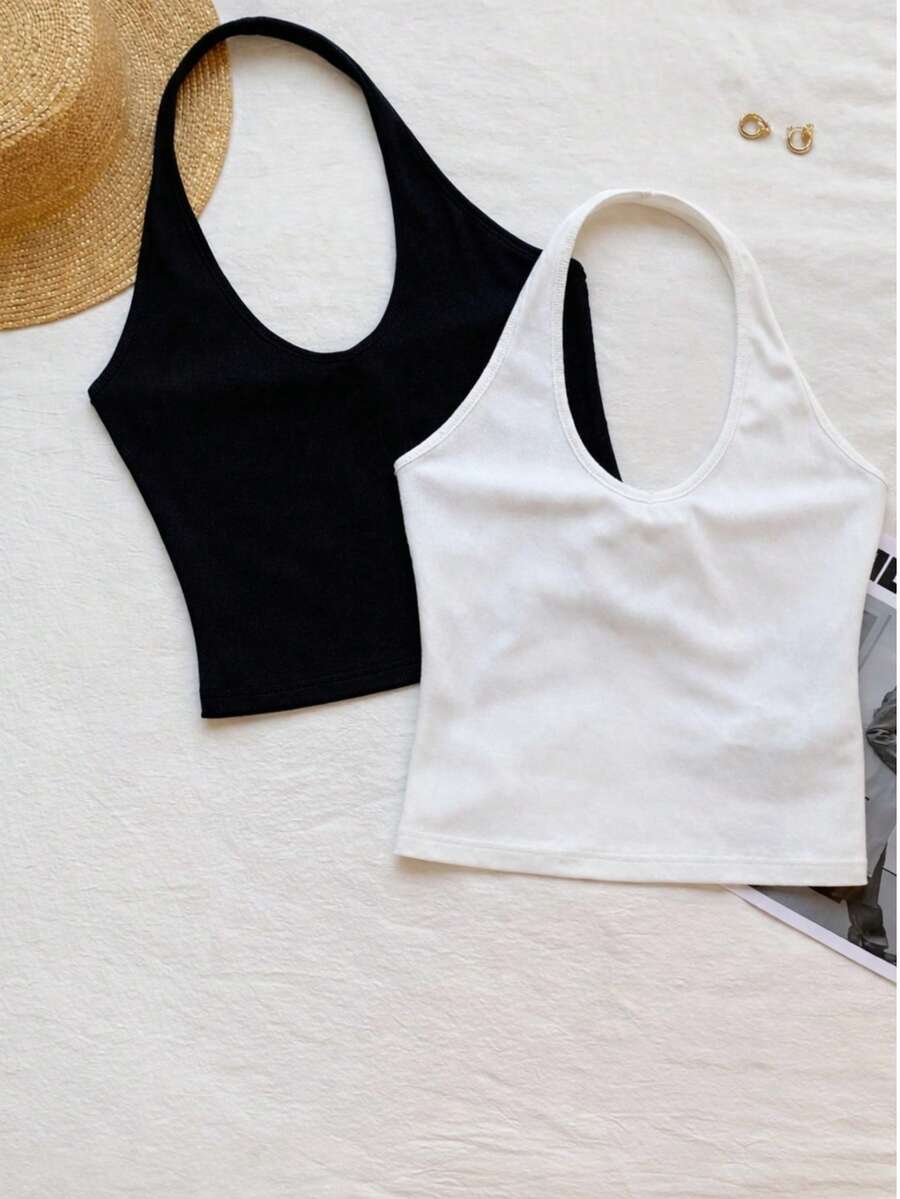 Women's 2-PACKS Ribbed Knit Halter Neck Crop Slim Top Set, Stretchy Slim Fit Summer Fashion Basic - Black and White - View 1
