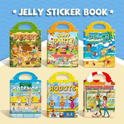 8pcs/Set Children's Sticker Books, Focus Training Full-Page Jelly Stickers 3+, Reusable Stickers, Desert Party, Beach, Science Robot, Supermarket Themed DIY Craft Educational Sticker Cards