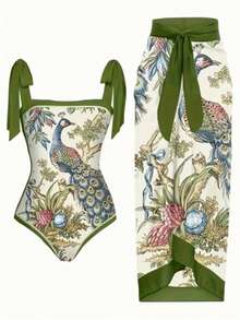 Women's New Peacock Print Olive Green Strap Swimsuit Two-Piece Set - Green - View 2