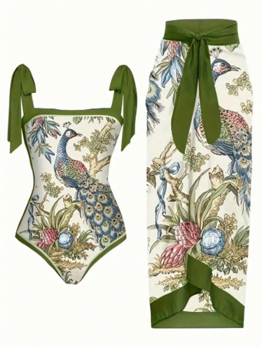 Women's New Peacock Print Olive Green Strap Swimsuit Two-Piece Set
