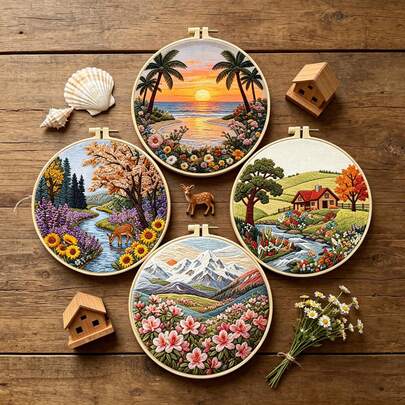 Natürliche Landschafts-Stickerei DIY-Set, Anfänger-freundliches Meer-Sonnenuntergang / Wald-Hirsch handgefertigtes Stickerei-Set, heilende Heimdekoration Kunstwerk Geschenk