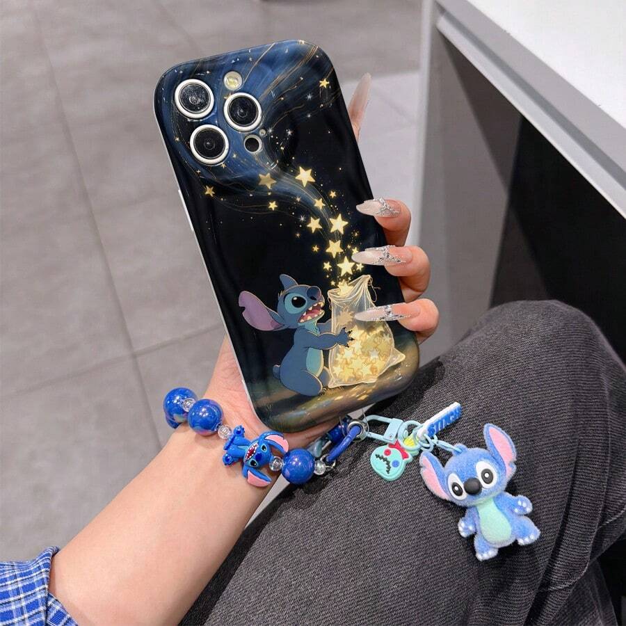 Disney Has Authorized, Phone Case - Chain Set, The Stitch Lilo & Stitch Phone Case Plus A Silicone 3D Or Fluffy Style Stitch Bracelet With Metallic Ring Removable Bracelet, Stitch And Angel Pattern, Compatible With Iphone 17/16/15/14/13/12/11/XS/XR/X Plus Pro Max, Wavy Design Phone Case For Girl, A Stylish Cartoon Summer Phone Case, The Perfect Gift Choice, Phone Protection, Durable Phone Cover, Great Gift For Friends And Family - 白色款式B - 查看 1