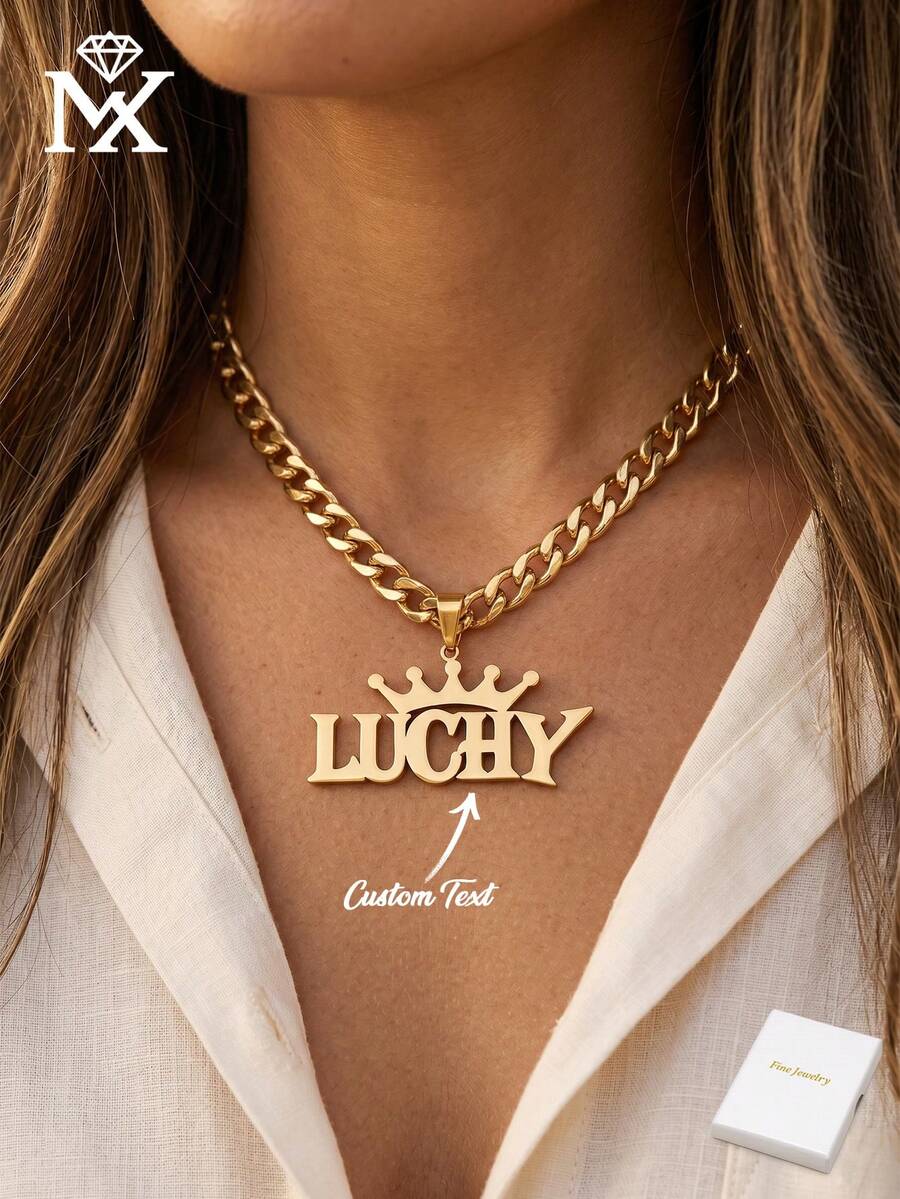 Customized Men's Name Necklace, Made Of Gold-Plated Stainless Steel Pendant In Hip-Hop Style. Provides 3 Styles, This Exquisite Jewelry Is The Perfect Gift For Him, Comes With English Name Plate. - Yellow Gold - View 1