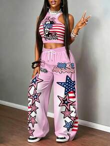 American Flag Star And Letter Print Women's Tank Top And Pants Set, Independence Day, Polyester Fabric, Lightweight And Breathable, Sports & Outdoors, Women's Sportswear, Sportswear Sets, Women's Sportswear Sets - 彩色 - 查看 2