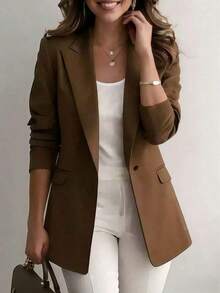 Chaqueta de blazer de unicolor con solapa para mujer, de manga larga con botones y bolsillos, adecuada para otoño, invierno y primavera.Chaqueta de oficina de manga larga, prenda exterior versátil para negocios y hogar, apta para otoño, invierno y primavera - Marrón - Ver 2