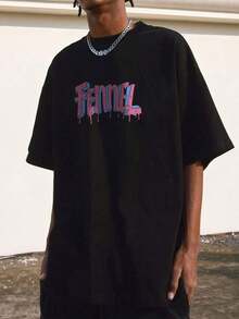 Men's Letter Print Drop Shoulder T-Shirt - Hitam - View 5