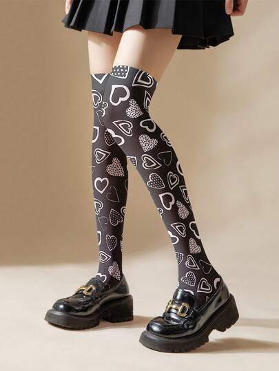 1/2 Pairs 360° Heart & Polka Dot Printed Knee-High Socks, Stretchy Skin-Friendly Fabric, Sweet & Spicy Subculture Style, Slimming & Leg-Lengthening, Suitable For Daily Commute, Lolita, Cosplay, Sweet & Cool Y2K Millennium Style, Matching Pleated Skirts, Campus Looks, Theme Parties, Versatile & Eye-Catching