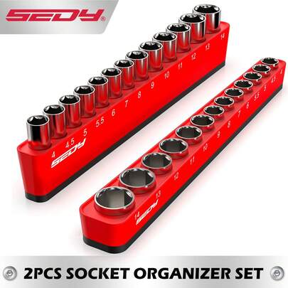  SEDY 2 件套 1/4 英寸驱动公制磁性套筒收纳盒，可容纳 26 个套筒，可拆卸套筒收纳托盘，带强力磁性底座和防滑设计，适用于工具箱、车库收纳架，男士 DIY 工具，男士礼物，仅含收纳盒，不含套筒