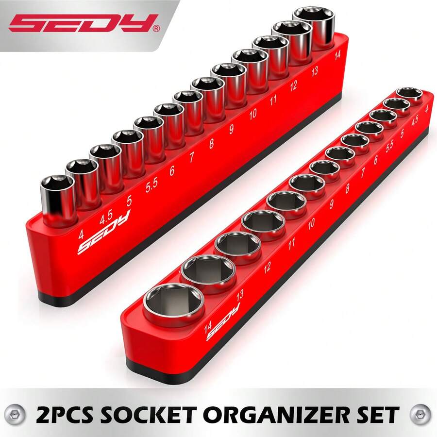 SEDY 2 Pieces 1/4" Drive Metric Magnetic Socket Organizer Set, Holds 26 Sockets, Detachable Socket Holder Tray With Strong Magnetic Base And Non-Slip Storage Design, Toolbox Garage Storage Rack, DIY Tools For Men, Gifts For Men, Organizer Only, Sockets Not Included - A - View 1
