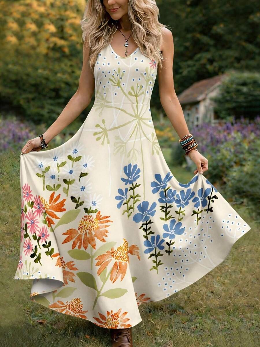 Fresh Pastoral Style Knit Slightly Stretch Fabric, Watercolor Floral Print, For Women, Daily & Outings, Spring & Summer, Machine Washable, For Festival & Birthday Gifts, Off-White Watercolor Daisy Style Women's Printed Maxi Dress - 彩色 - 查看 1