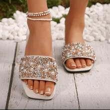 Plus Size Women's White Rhinestone Slippers, Flat Sandals Size 41-43 - Beige - View 3