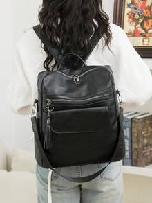 [Retro Texture . Multi-Use] Genuine Leather Women's Backpack, Korean Style Casual Tassel Backpack, Fashionable Commuter Travel Laptop Bag For Diverse Scenarios Such As The Workplace, Campus, And Travel, Effortlessly Creating A Sophisticated Atmosphere. Comfortable Shoulder Straps Reduce Burden - Multicolor - View 8