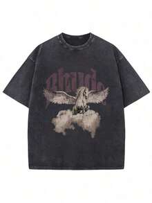 Rhude 230G Washed Cotton T-Shirt, Adult Men's Vintage Eagle & Cloud Print Top,  Short Sleeve For Daily Wear & Casual Outings2026 - 黑色 - 查看 1