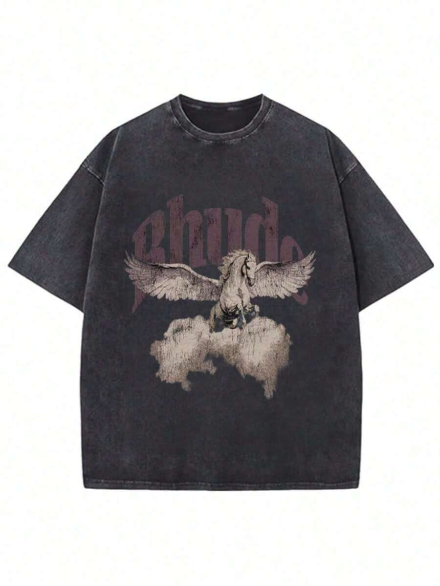 Rhude 230G Washed Cotton T-Shirt, Adult Men's Vintage Eagle & Cloud Print Top, Short Sleeve For Daily Wear & Casual Outings2026 - 黑色 - 查看 1