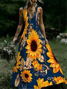 Women's V-Neck Sleeveless Tank Maxi Dress Boho Navy Sunflower Floral Pattern Flowy Long Dress For Daily Casual Party Outdoor Activity Vacation Streetwear Loose Comfortable Summer Dress - Màu hỗn hợp - Xem 2
