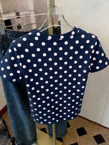 Camiseta de mujer de manga corta y cuello redondo de unicolor con estampado de lunares elegante y versátil, ideal para el estilo de viaje, vacaciones y playa - azul real - Ver 2