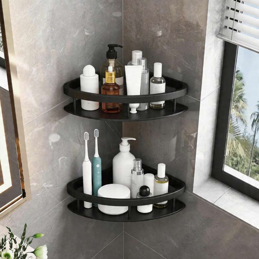 1 pieza/2 piezas Estantería de baño de metal triangular, cesta de ducha montada en la pared sin taladrar, estante de almacenamiento para baño/cocina, apto para champú, acondicionador, especias, artículos de tocador y cosméticos, diseño de drenaje perforado - Plateado - Ver 1