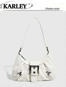1pc Vintage Denim Fabric Motorcycle Bag With Rivets And Buckle, Soft Touch, Folding Details, Cloud Shape, Can Be Worn As Shoulder Or Crossbody Bag, Suitable For Work, Commute, Date And Party - White - View 8