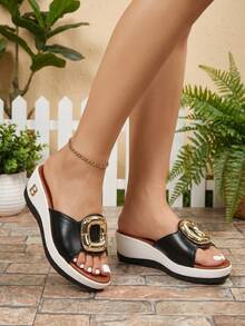 Sandalias de cuña con plataforma, correa con decoración de trébol de cuatro hojas y cristales, estilo abierto de los dedos, cómodas y versátiles para primavera/verano - Negro - Ver 4