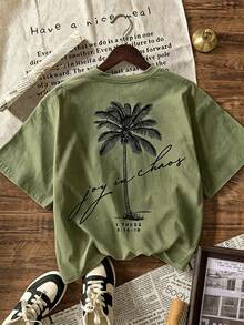 Women's Casual Palm Tree Pattern Round Neck Short Sleeve T-Shirt, Summer Beach Outfits Vacation - Army Green - View 2