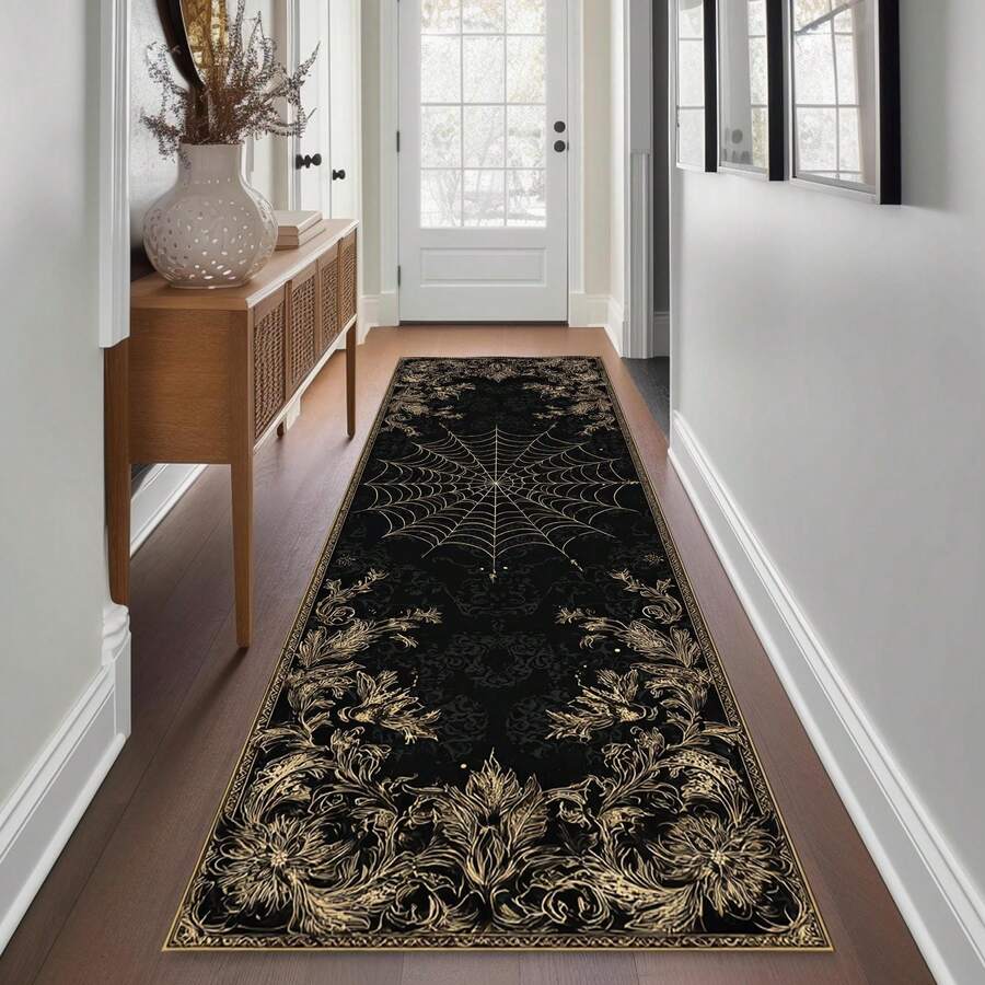 Black Gothic Rose Moon Runner Rug, Celestial Floral Hallway Carpet, Vintage Botanical Starry Decor, Entryway Kitchen Floor Mat Non Slip, Modern Abstract Art Carpet 60*18inch/48*16inch,Stylish And High-Quality Rugs, Perfect For Gifts And Home Decor - 黑色 - 查看 1