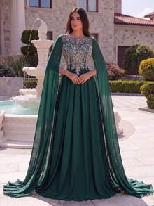 Faeriesty Đầm maxi chiffon màu xanh ngọc bích thanh lịch dành cho nữ, phần thân trên bằng vải lưới đính hạt và tay áo choàng bồng bềnh, thích hợp cho các buổi tối trang trọng và tiệc tốt nghiệp. - Màu xanh lá cây đậm - Xem 3