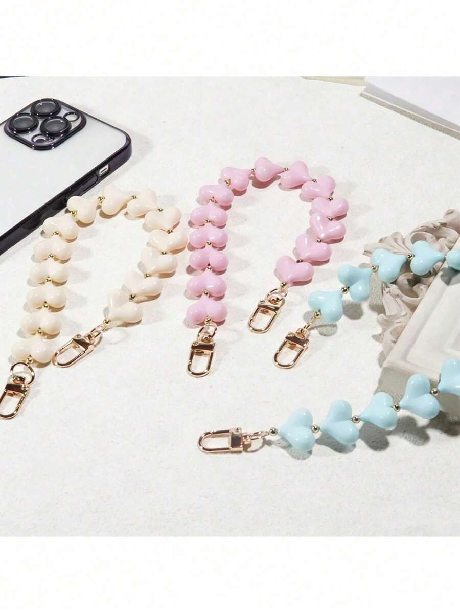 Colorful Short Acrylic Heart-Shaped Phone Lanyard, Valentine's Day Heart Bead Phone Strap Accessory - Multicolor - View 1