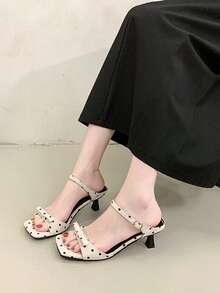Women's Vintage Polka Dot Satin Mid-Heel Sandals, Square Toe Open Toe With Slim Kitten Heel, Adjustable Ankle Strap, Breathable And Fresh For Summer Wear, Stable And Comfortable Chunky Heel Design, Elegant And Versatile For Daily Outings, Office Commute, Parties And Vacations - Beige - View 2