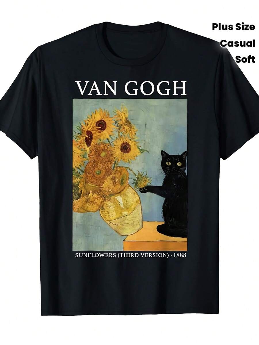 Camiseta de Arte de Van Gogh con Gato Negro y Girasoles para Hombre y Mujer - 100% Algodón, Cuello Redondo Suave, Camiseta Casual de Manga Corta (Tallas S-XXXL) - Regalo Único para Amantes del Arte, TALLAS GRANDES - Negro - Ver 1