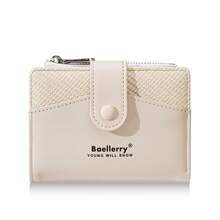 1pc Baellerry Women Short Wallet, Exquisite Canvas + PU Patchwork Short Wallet, With Transparent Window And Zipper Coin Pouch, 6 Card Slots, Snap Closure Portable Wallet - Apricot - View 2