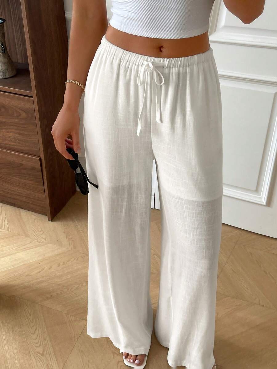Women's Casual Linen Blend Wide Leg Pants With Pockets, White, Suitable For Vacation And Work, Bringing A Healing And Lazy Feeling - Pearl White - View 1