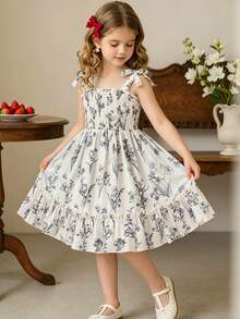 Young Girls Floral Print Sleeveless Dress With Bow Tie And Ruffle Hem, Princess Style Mermaid Dress - Multicolor - View 11