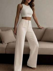 Pantalones rectos de pierna ancha de unicolor para mujer, pantalones casuales de pierna recta, versátiles para diversas ocasiones y para ir al trabajo, color blanco primaveral - Albaricoque - Ver 4