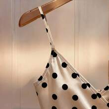 女士复古波点缎面吊带连体裤，V领金属扣腰设计，时尚独特外观 - 杏色 - 查看 4