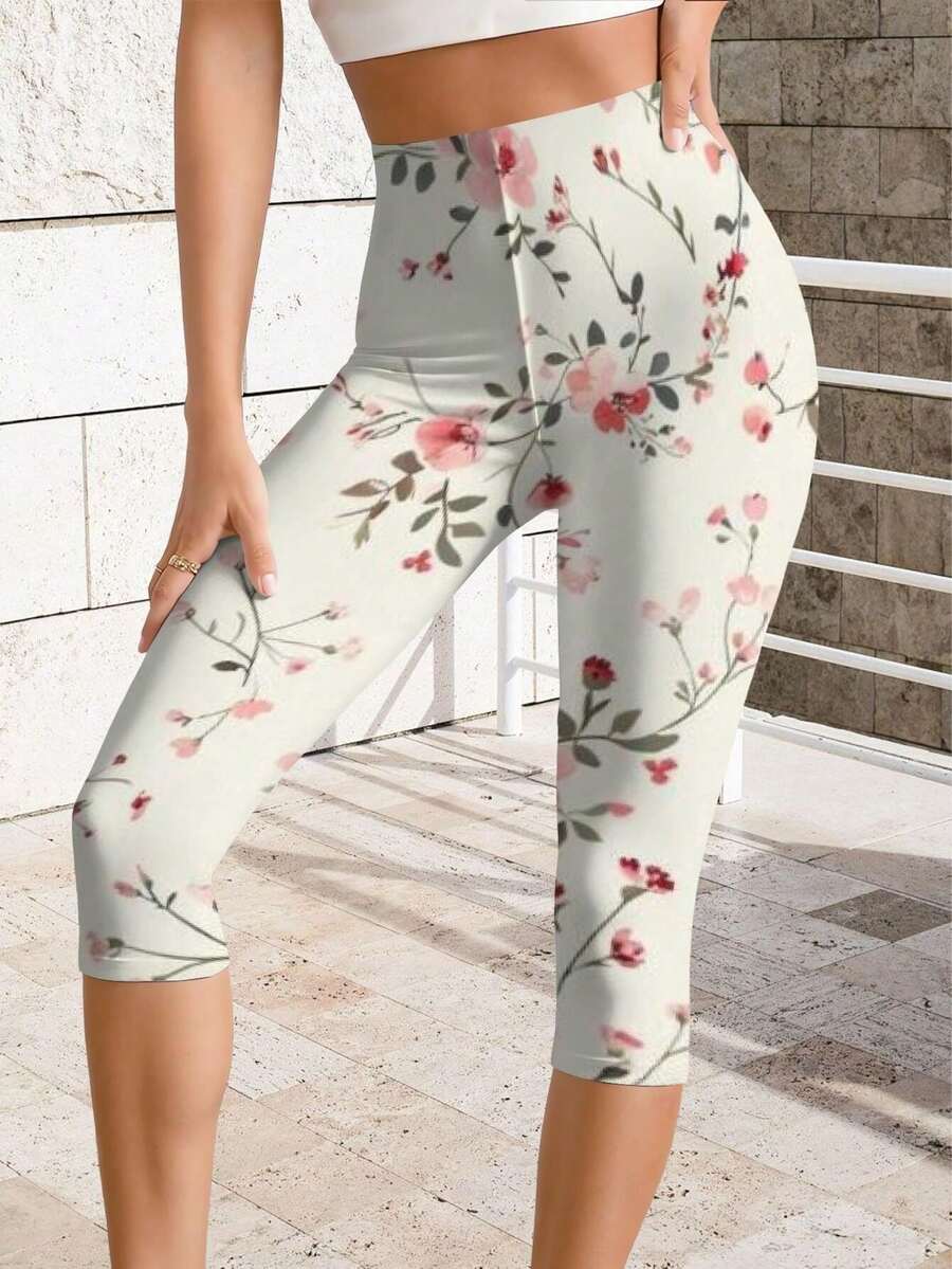 Women's Fashion Cycling Capri Pants Vintage Inspired Pink Blossom Printed Casual Yoga Capri Pants For Leisure Sports Casual Outdoors - 彩色 - 查看 1