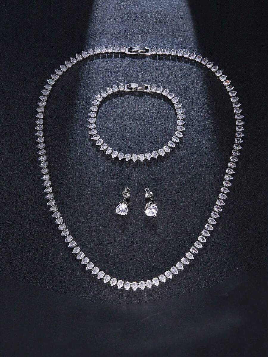 1 Set Fashion Single Row Full Diamond Water Drop Cubic Zirconia Inlaid Bridal Jewelry Set (Necklace & Earrings), Fashionable Party Dress Accessories,Jewellery,Accsesories - Silver - View 1