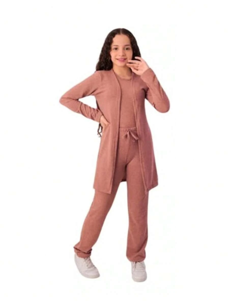 Conjunto Infantil e Juvenil  com 3 Peças em Lanzinha Blusa Regata, Cardigan Manga Longa e Calça sem Punho para Meninas e Adolescentes (CJI007) - Rosê - Visão 1