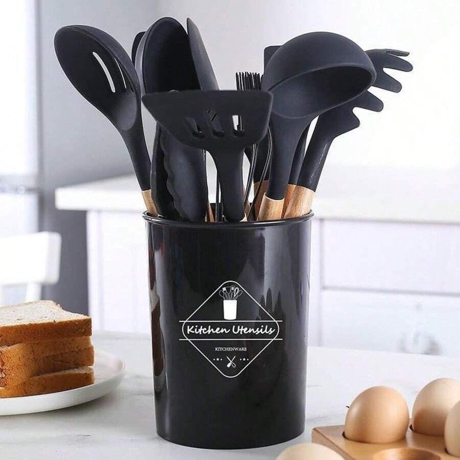 12pcs Silicone Cooking Utensil Set, Simple Wooden Handle Multi-Purpose Kitchen Gadget Tool Set For Kitchen - Black - View 1
