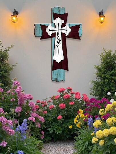 1pc Vintage Metal Cross Wall Decor, Western Farmhouse Style, Distressed Wood Grain & Faith Text Details, Durable Metal Craftsmanship, Christian Religious Theme - Suitable For Christmas, Easter, Thanksgiving, Housewarming, Baptism, Wedding, Church, Living Room, Chapel, Home Altar, All Seasons
