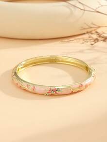 1pc Fashion New Style Gold Plated Enamel Cloisonne Rhinestone Floral Vine Pattern Bangle Bracelet Hinged Cuff For Girls Women Daily Jewelry Gift Pink - Pink - View 4