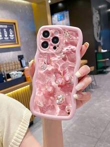 1个粉色蝴蝶波浪纹防震手机壳，UV印刷，适用于苹果、三星等手机。 - 粉色 - 查看 3