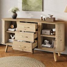 Pea-Shaped Dining Room Cabinet Decorated With A Grooved Design, Featuring Two Sliding Doors And Three Drawers, Adjustable Compartment Height, Solid Wood Cabinet Legs, Wood-Look Finish, Made Of MDF, Modern Nordic Style - 卡其色 - 查看 1